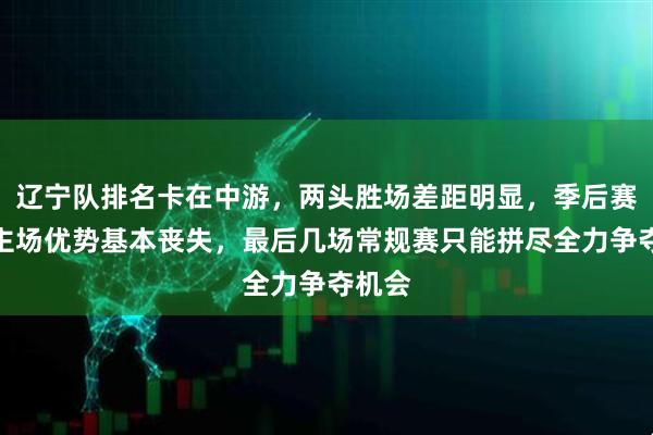 辽宁队排名卡在中游，两头胜场差距明显，季后赛首轮主场优势基本丧失，最后几场常规赛只能拼尽全力争夺机会